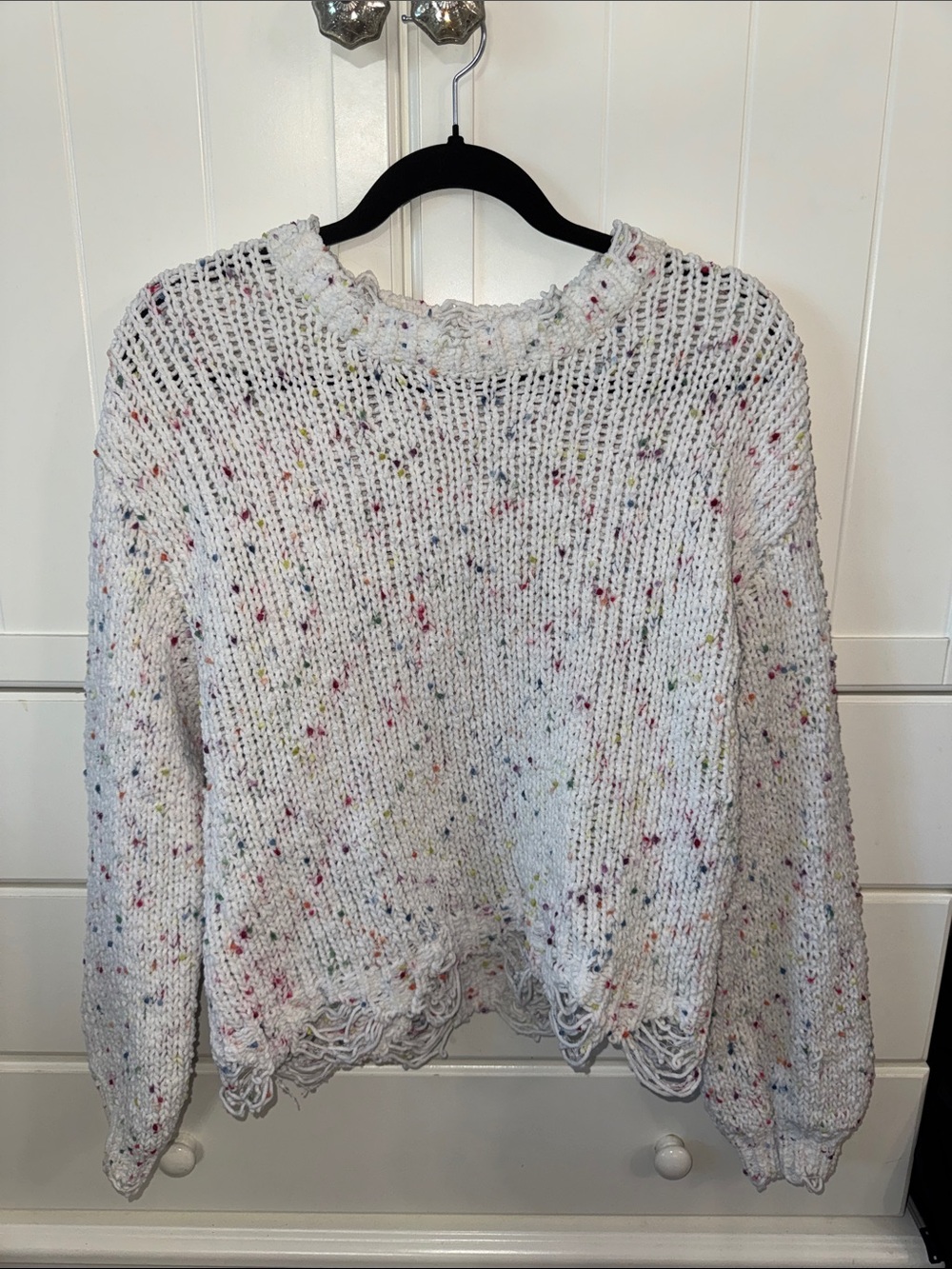 It's Our Time White Speckled Distressed Crewneck Sweater